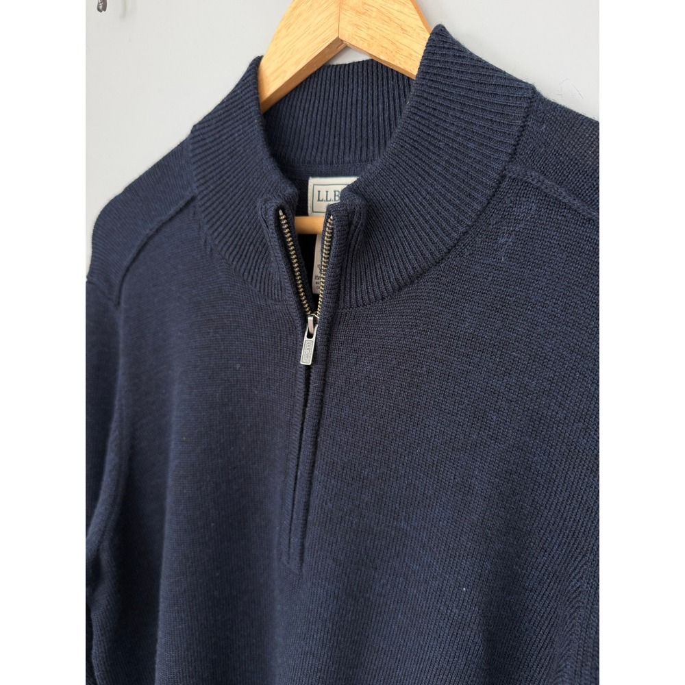 LL Bean‎ Mens Essential Merino 1/4 Zip Sweater Navy Heather Wool L 525913